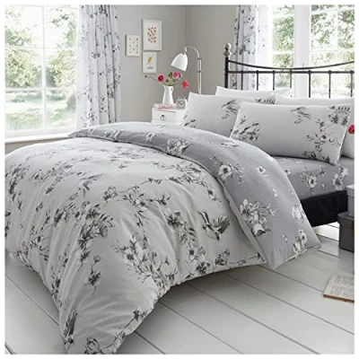 Image de Gaveno Cavailia Parure de lit Luxe avec Housse Couette et taie d&#039;oreiller en Polyester Coton Motif Fleurs Oiseaux Gris King Size (230 x 220cm)