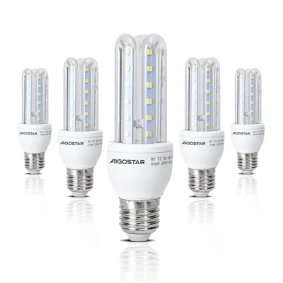 Image de Aigostar Pack de 5 Ampoules LED B5 T3 3U E27 9W Lumière Blanche Froide 6500K，840 lumens,Angle 360,IRC ≥ 80,équivalant à ampoule halogène 62W