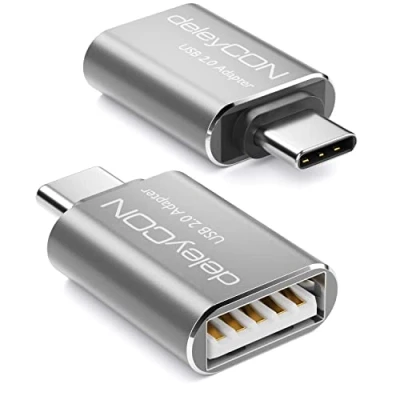 Image de deleyCON USB C vers Adaptateur (2 Pièces) OTG Aluminium Pour Smartphone Ordinateur Portable Tablette Compatible avec IPhone 15 Pro Max MacBook Air 2023 IPad Mini iMac Argent