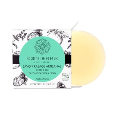 Image de Écrin de Fleur Savon Rasage Femme Bio Certifié, Fabrication Artisanale, Surgras à Froid, Infusé au Beurre Karité et l&#039;huile Essentielle Menthe, 1x55g