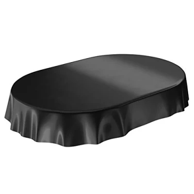 Image de Anro Nappe en Toile cirée lavable, uni, brillant, cirée, Noir , Schnittkante Oval 140 x 180cm
