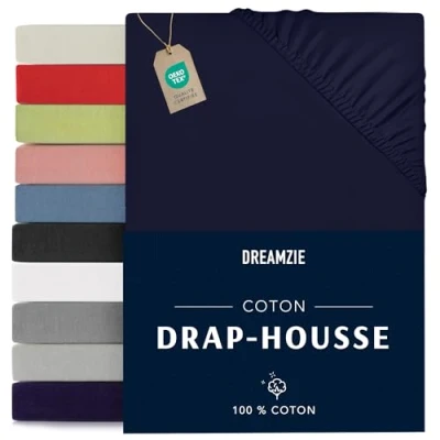 Image de Dreamzie Drap Housse 90x190/200 100% Jersey Coton Certifié Oeko Tex Bleu Foncé