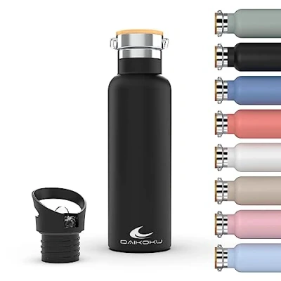 Image de Daikoku Bouteille, Bouteille Thermique en Acier Inoxydable à Double Paroi, Thermos Maintient les Boissons Froides ou Chaudes Pendant des Heures, Deux Bouchons, Noir, 750 ML