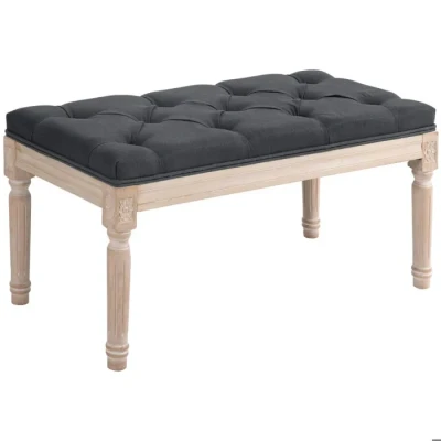 Image de HOMCOM Banc Bout de lit Banquette capitonnée Style Vintage français Rembourrage épais revêtement Tissu Aspect Lin Pieds en Bois Massif Gris
