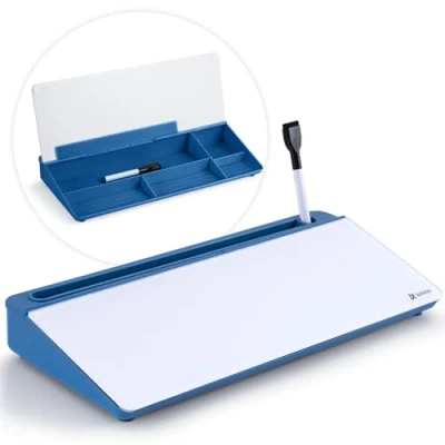 Image de Varhomax tableau blanc de bureau en verre avec rangement, effaçable à sec, liste tâches, support clavier pour la maison, le et les fournitures scolaires (bleu)