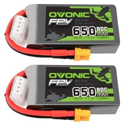 Image de OVONIC 3s Lot de 2 batteries Lipo 80C 650 mAh 11,1 V avec XT30 pour avion radiocommandé, quadcoptère, hélicoptère FPV, drone course