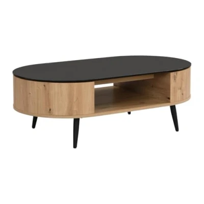 Image de Table basse avec plateau pivotant et 3 niches en MDF verre trempé Naturel noir YONISMA