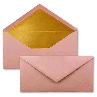 Image de 25x enveloppes 11 x 22 cm couleur: vieux rose aves doublure en or métallique fermeture: gommée format DL américain, portefeuille sans fenêtre pour papier A4 invitations