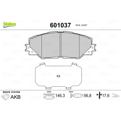 Image de VALEO 601037 Jeu de plaquettes frein Essieu avant contact signal d&#039;usure exclu avec tôle anti bruit TOYOTA: Prius Plus, RAV4 IV SUV, Auris Break