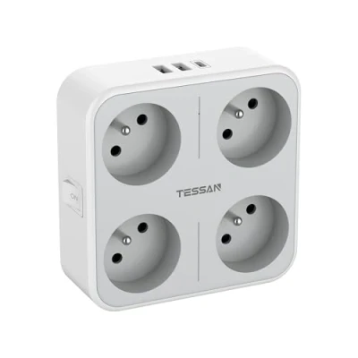 Image de TESSAN Prise Multiple USB, Multiprise Murale 4 Prises Française avec 1 USB C Secteur et 2 A, 7 en Interrupteur 4000W, pour Domicile, Bureau, Gris