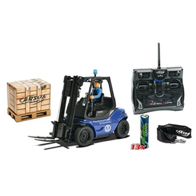 Image de Carson Elektro 500907175 Chariot élévateur THW 100% RTR radiocommandé, véhicule Utilitaire, échelle 1:14, Fonctions Lumineuses et sonores, Piles de l&#039;émetteur incluses, télécommande 2,4 GHz, Bleu