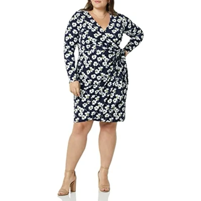 Image de Amazon Essentials Robe Cache cœur Classique à Manches Longues (Disponible en Grande Taille) Femme, Bleu Marine Fleurs, XS