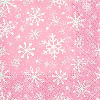 Image de Lot de 20 serviettes table en papier avec motif flocons neige blancs sur rose 33 x cm