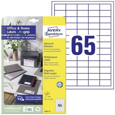 Image de Avery Zweckform 6121 Lot de 1 625 étiquettes universelles 38 x 21,2 mm sur du papier mat au format A4 Blanc 10 Blatt