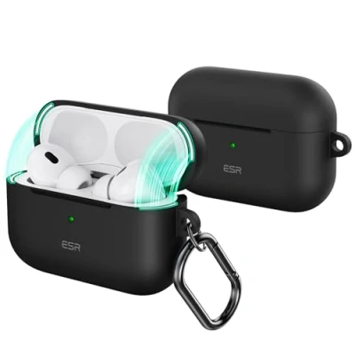 Image de ESR Coque pour AirPods Pro 2/1 avec HaloLock, Compatible 2023/2022/2019 (USB C), de Protection Complète Antichutes Mousqueton, Couvercle Magnétique, Série Cloud, Noir