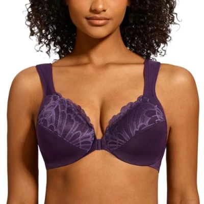 Image de MELENECA Femme Soutien Gorge Grande Taille Fermeture Devant Dentelle Sangle Coussin Couverture Totale Non Rembourré à Armature Violet 110C