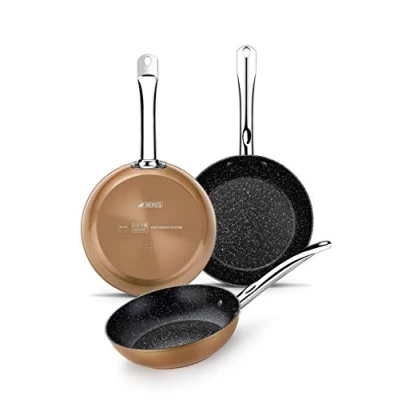 Image de Monix Copper Lot 3 Poêles 20 24 28 cm, Aluminium Forgé, Revêtement Antiadhésif Quantanium sans PFOA, Compatible Tous Feux Y Compris Induction, Cuivré