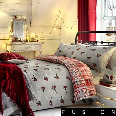 Image de Fusion &amp;Quot;Robin Classic, Set de Housse Couette en Tissu Ecossais Devant et Oiseaux sur l&#039;envers, Couette, Coton, Multicolore, Double