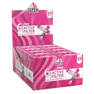 Image de GIZEH Pink Active Filter Filtre à Charbon Actif Fin 6 mm de diamètre avec en Coque Coco 27 Longueur Lot 10 34 filtres