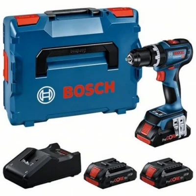 Image de Bosch Professional 18V System perceuse visseuse à percussion sans fil GSB 90 C (2 100 tr/min, moteur charbon, avec 3 batteries ProCORE 4.0Ah, charger GAL 40, dans L BOXX)