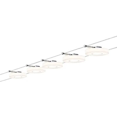 Image de Paulmann 941.09 DiscLED1 Système d&#039;éclairage à spots LED Lumière suspendue avec 5 coulissants, câble de 10 m et transformateur 30VA Lampes d&#039;intérieur économiques 230/12V, en chrome