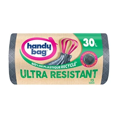 Image de Handy Bag sacs poubelle à poignées coulissantes Ultra Résistant 30L x 15 Protection : trame et film triple épaisseur Fond anti fuite Étanchéité maximale 100% plastique recyclé