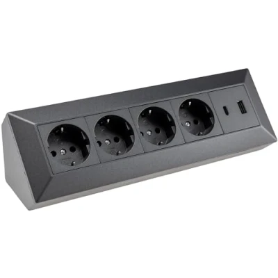 Image de ChiliTec Bloc multiprise d&#039;angle 4 prises avec USB A C PD pour bureau, cuisine, atelier, construction, montage encastré, anthracite