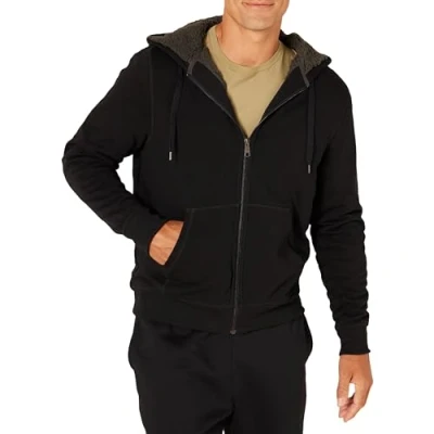 Image de Amazon Essentials Sweat à Capuche avec Fermeture Éclair intégrale et Doublure en Polaire Sherpa Homme, Noir, S