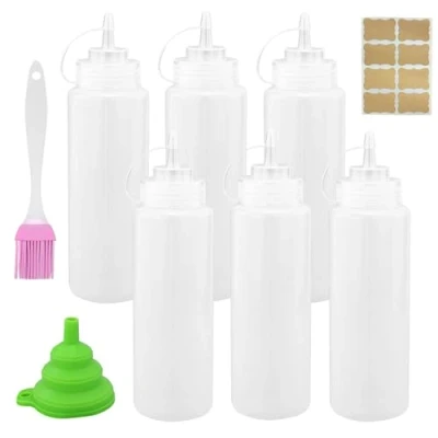 Image de EASYKEENECOM 6 Pcs Bouteille Sauce, Flacon Sauce en Plastique avec Couvercle, Condiment Étiquette Autocollante, Convient pour Ketchup, Moutarde, Barbecue (500ml)