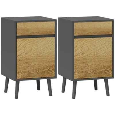 Image de HOMCOM Lot de 2 Tables Chevet Table Nuit avec tiroirs et Placard, Style Moderne pour Chambre à Coucher, Salon, 40 x 39 69 cm, Gris foncé
