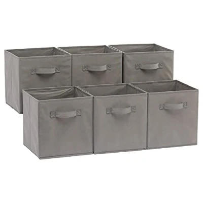 Image de Amazon Basics Lot de 6 cubes rangement pliables en tissu avec poignées, Gris Uni, 26,6 x 27,9 cm
