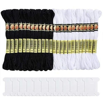 Image de Pllieay 24 écheveaux de fil à broder en coton pour point croix, Halloween, bracelets d&#039;amitié avec 12 bobines tricot, croix (Noir,Blanc)