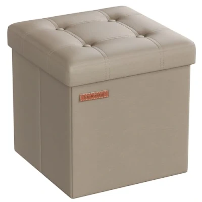 Image de SONGMICS Pouf de 38 cm, Banc Rangement Pliable avec Couvercle, Repose Pieds Cube, Surface en PU, Capacité Charge 300 kg, pour Entrée, Salon, Chambre à Coucher, Marron Camel LSF030K13