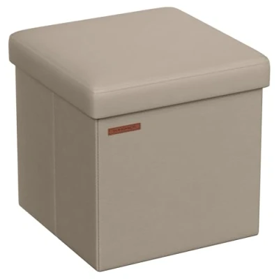 Image de SONGMICS Pouf de 38 cm, Banc Rangement Pliable avec Couvercle, Repose Pieds Cube, Surface en PU, Capacité Charge 300 kg, pour Entrée, Salon, Chambre à Coucher, Marron Camel LSF010K03