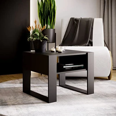 Image de MRBLS Table basse Design rustique moderne de salon d&#039;appoint à thé en bois (noir mat Noir mat) 65 x 45 53,6 cm (l H P)