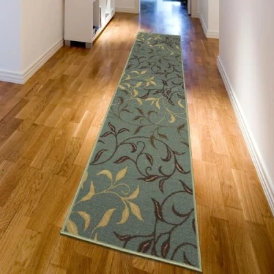 Image de Ottomanson Tapis de couloir collection Ottohome dos en caoutchouc motif feuilles style contemporain 80 cm x 300 vert écume