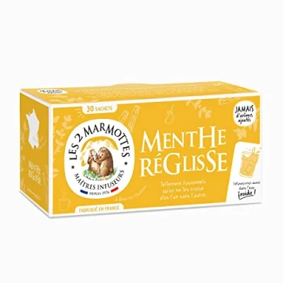 Image de Les 2 Marmottes Infusion BIO Menthe Réglisse Poivrée et Douce Fraiche Boisée Tisane Gourmande A Consommer Chaud ou Froid Made In France Sans arômes ajoutés 42g