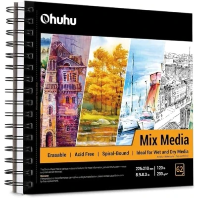 Image de Carnet de croquis pour artistes: Ohuhu 225 x 210mm Sketchbook Spiral Reliure 124 pages (62 feuilles) Bloc à dessin 200gsm Papier épais sans acide Acrylique Aquarelle