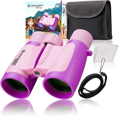 Image de Bresser Jumelles Junior pour Enfant 3 x 30 en différentes Couleurs, grossissement 3X, diamètre de l&#039;objectif mm, espacement oculaire réglable, avec Sangle Transport Rose