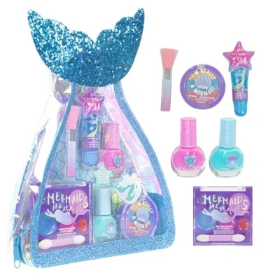 Image de Townley Girl Kit de Maquillage Mermaid Vibes avec 8 pièces, y Compris Un Brillant à lèvres, Vernis Ongles, Corps Scintillant et Plus Encore dans Sac sirène, partir 3 Ans