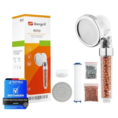 Image de Ibergrif M22025,Pommeau de Douche 3 Modes, Système Filtration à Trois Étages pour Pommeau Haute Pression Économe en Eau et Anticalcaire avec Filtre Coton PP Remplaçable