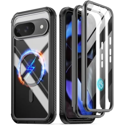 Image de Poetic Guardian MagPro coque pour Google Pixel 9/9 Pro 5G, compatible avec MagSafe et Fingerprint ID, 2 cadres avant, transparente antichoc protecteur d&#039;écran intégré, noir/transparent