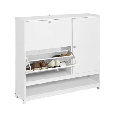 Image de SoBuy Armoire à Chaussures Meuble de Rangement Commode d&#039;entrée avec 2 abattants, 1 Porte et Compartiment Ouvert Blanc, 102x24x96 cm, FSR114 W