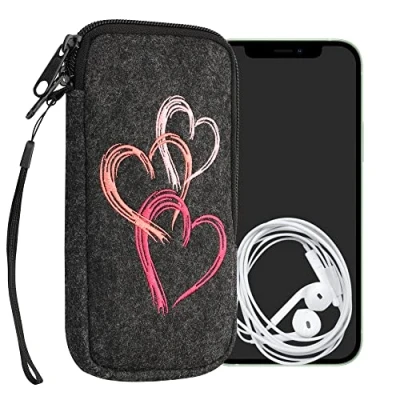 Image de kwmobile Housse de Protection pour Smartphone Compatible avec XL 6,7/6,8&quot; Sacoche Téléphone Portable en Feutre Coeurs Rose Ancien Clair Gris foncé