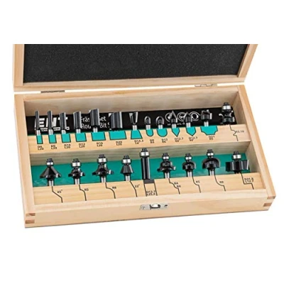 Image de ENT 09022HKB Jeu de Fraises 22 Pièces dans un Coffret en Bois Véritable Tige 8 mm Tranchants Carbure Insertion pour Toupie
