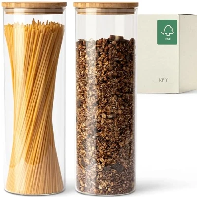 Image de KIVY Set Bocaux en verre Hermétique [2 x 1800 ml] avec Couvercles Bambou Durable Bocal Couvercle a spaghetti conservation