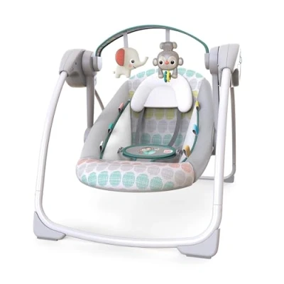 Image de Bright Starts, Balancelle Compacte, Whimsical Wild, 6 vitesses de balancement, arche jeu amovible avec 2 jouets interactifs, multicolore, dès la naissance à 9 kg