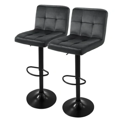 Image de ML Design Lot de 2 Tabourets Bar en Velours, Gris, Chaise Rembourrée avec Dossier et Repose Pieds, Réglable Hauteur 63 83cm, Pivotante à 360, Tabouret Comptoir, Cuisine, Pub, Maison