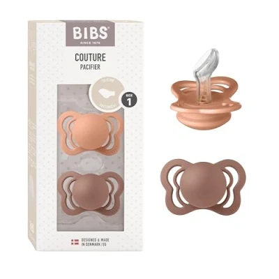 Image de tétine BIBS Couture, lot de 2, silicone, danoise forme anatomique. 100% sans bisphénol A. (Peach/Woodchuck, taille 1 (0 6 mois))