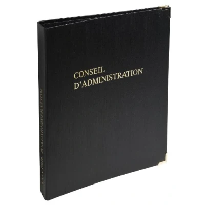 Image de Le Dauphin Réf. 922D Classeur noir CONSEIL D&#039;ADMINISTRATION Premium coins dorés, 4 anneaux, dos 37 mm, couverture plastique, intérieur papier. Livré avec recharge 100 feuillets numérotés A4